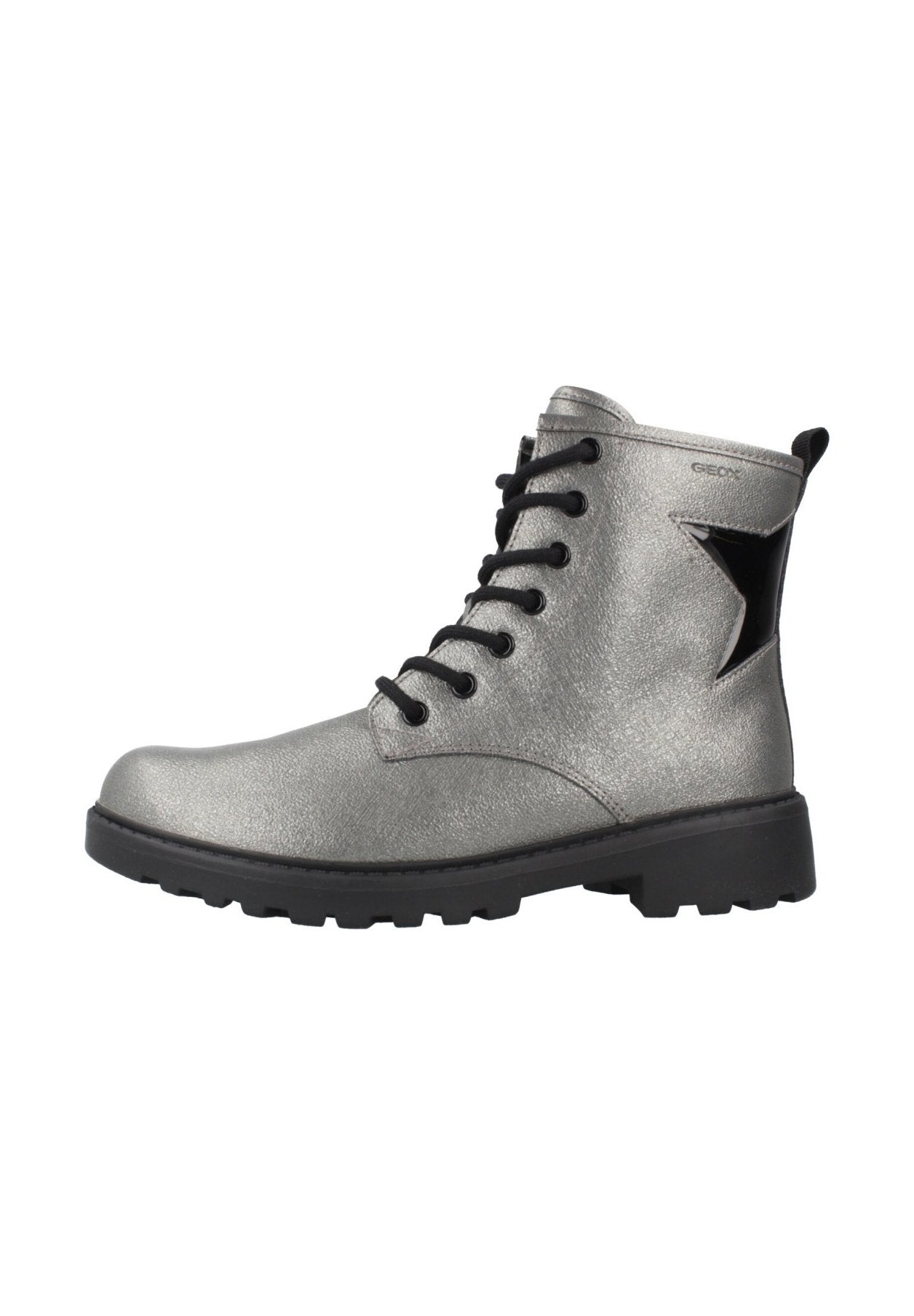 Silberner Schnürstiefelette mit schwarzer Sohle und schwarzem Stern-Detail an der Seite, entworfen für Freizeit- oder Outdoor-Aktivitäten.