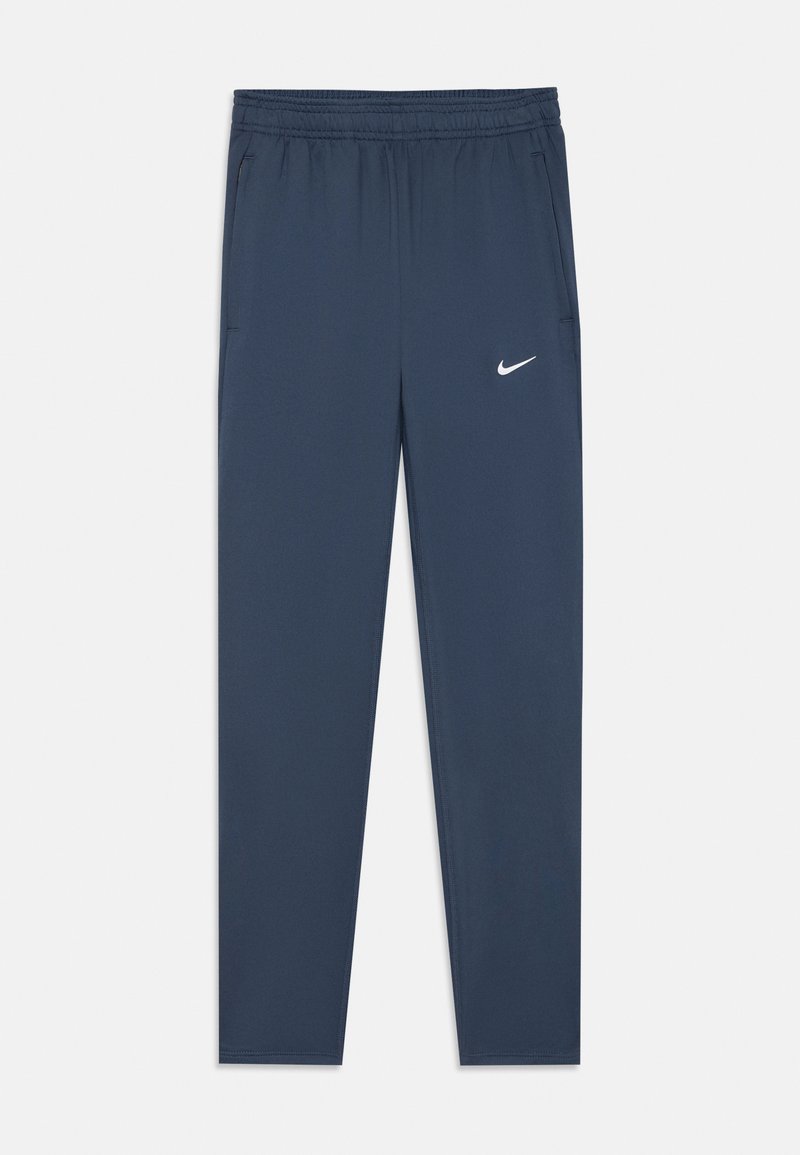 Marinefarbene Sporthose mit einem elastischen Bund, Seitentaschen und einem weißen Nike-Logo auf dem linken Oberschenkel, mit einer glatten und leichten Textur.