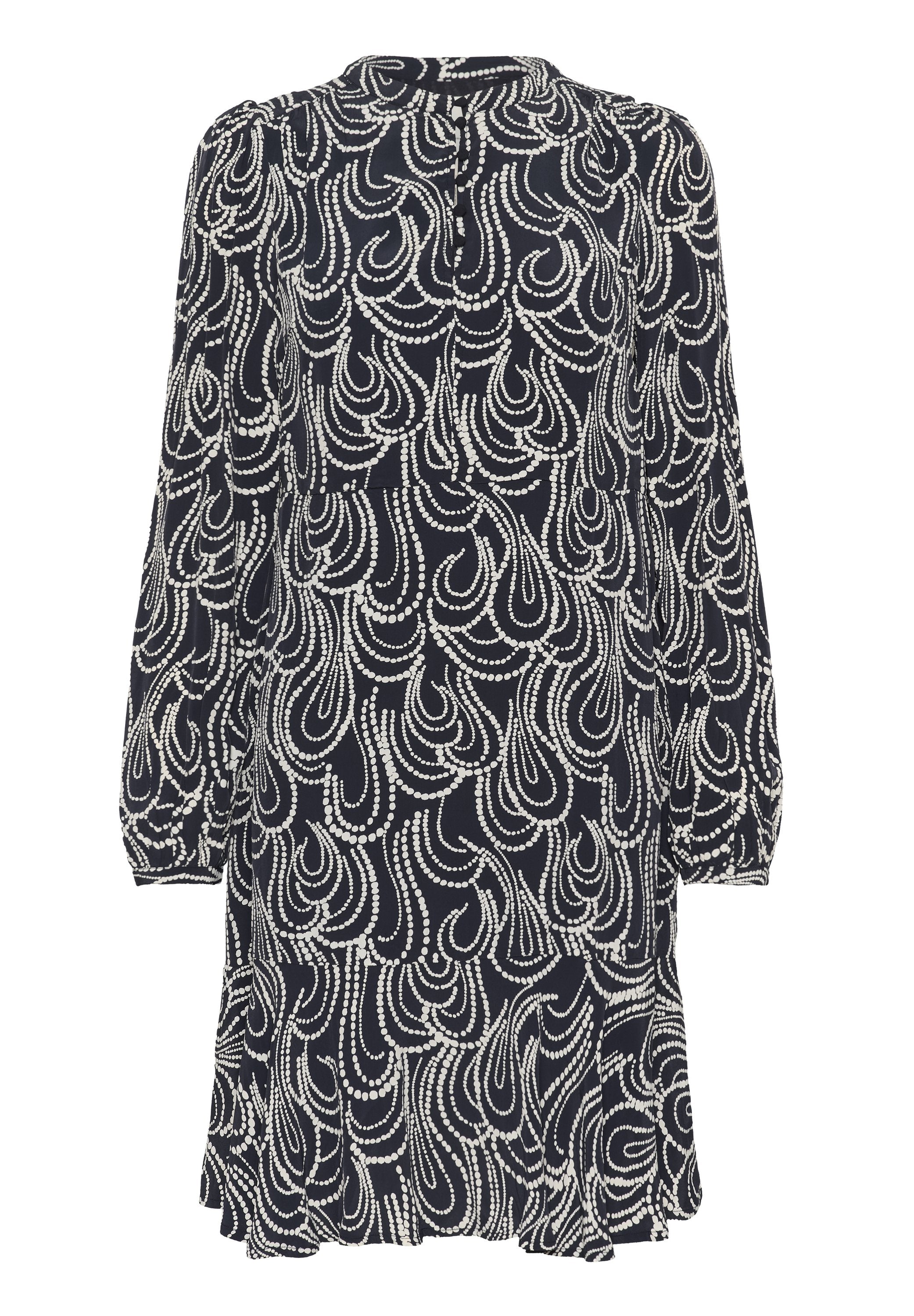 Marineblaues Kleid mit langen Ärmeln, hohem Ausschnitt und weißen wirbelnden Mustern. Leichter Stoff mit lockerer Passform und gerafftem Saum.