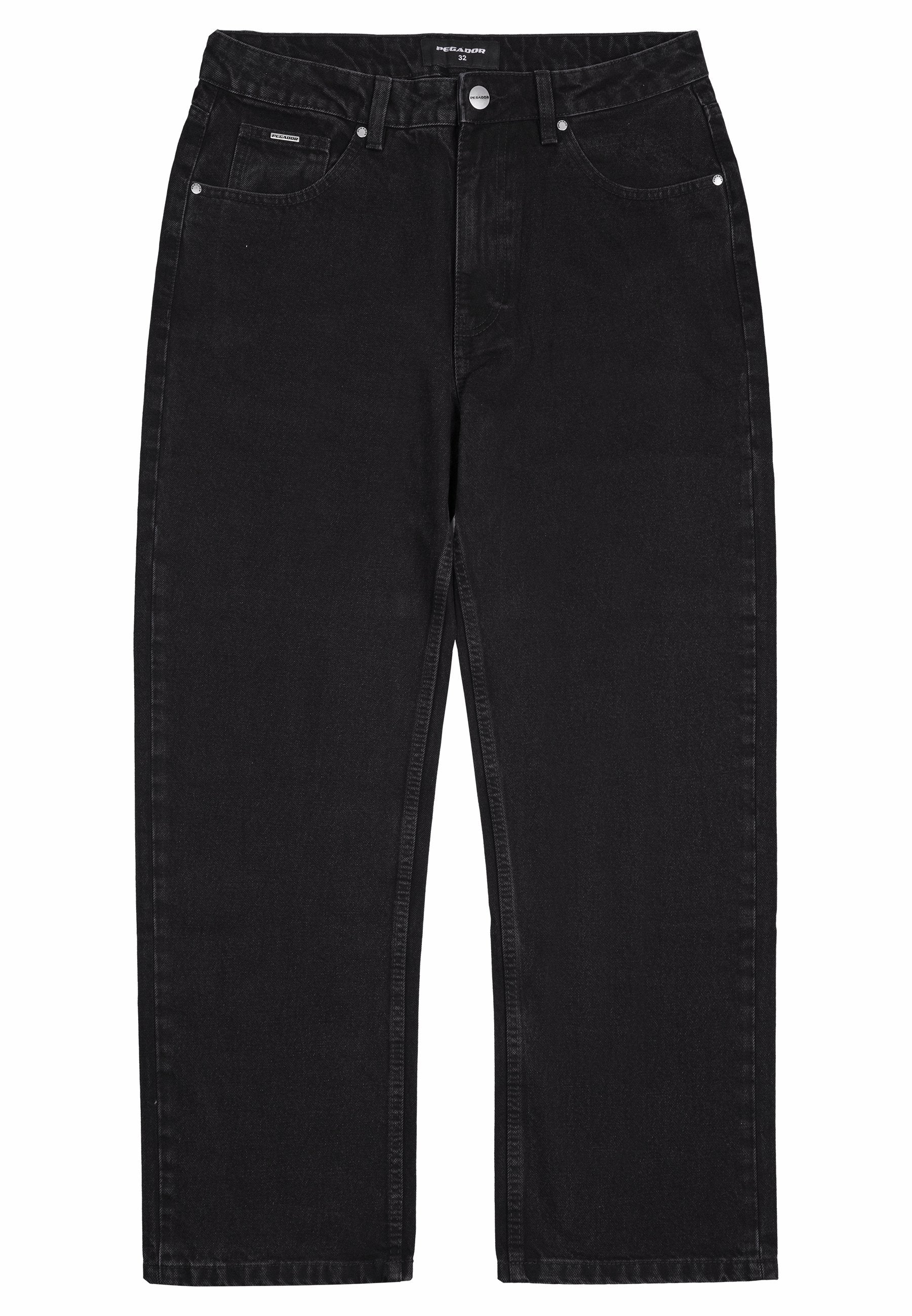 Schwarze Jeans mit geradem Bein, fünf Taschen, Knopfverschluss und Gürtelschlaufen, Größe 32.