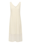 Cremefarbenes ärmelloses Kleid mit V-Ausschnitt, das ein strukturiertes Blumenmuster aufweist und einen geraden, knielangen Schnitt hat.