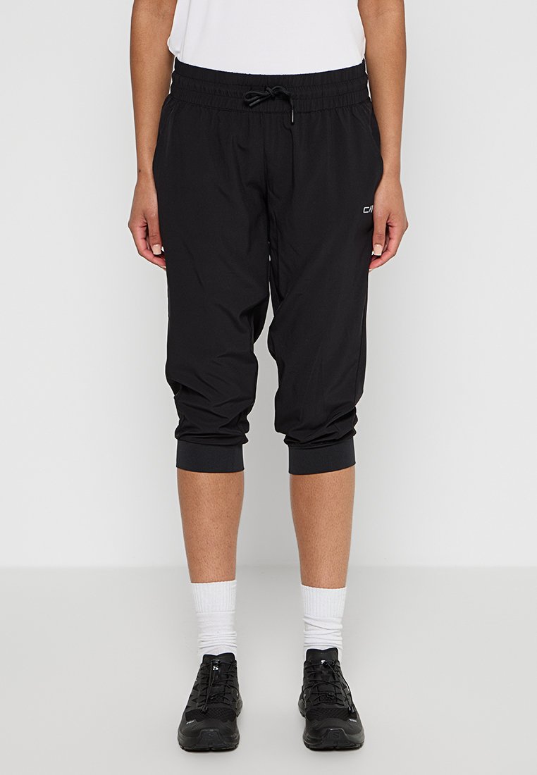 Schwarze Capri-Hosen aus leichtem Stoff mit einem elastischen Bund, einer Kordel und engen Bündchen. Enthält ein kleines Logo an der Seite.
