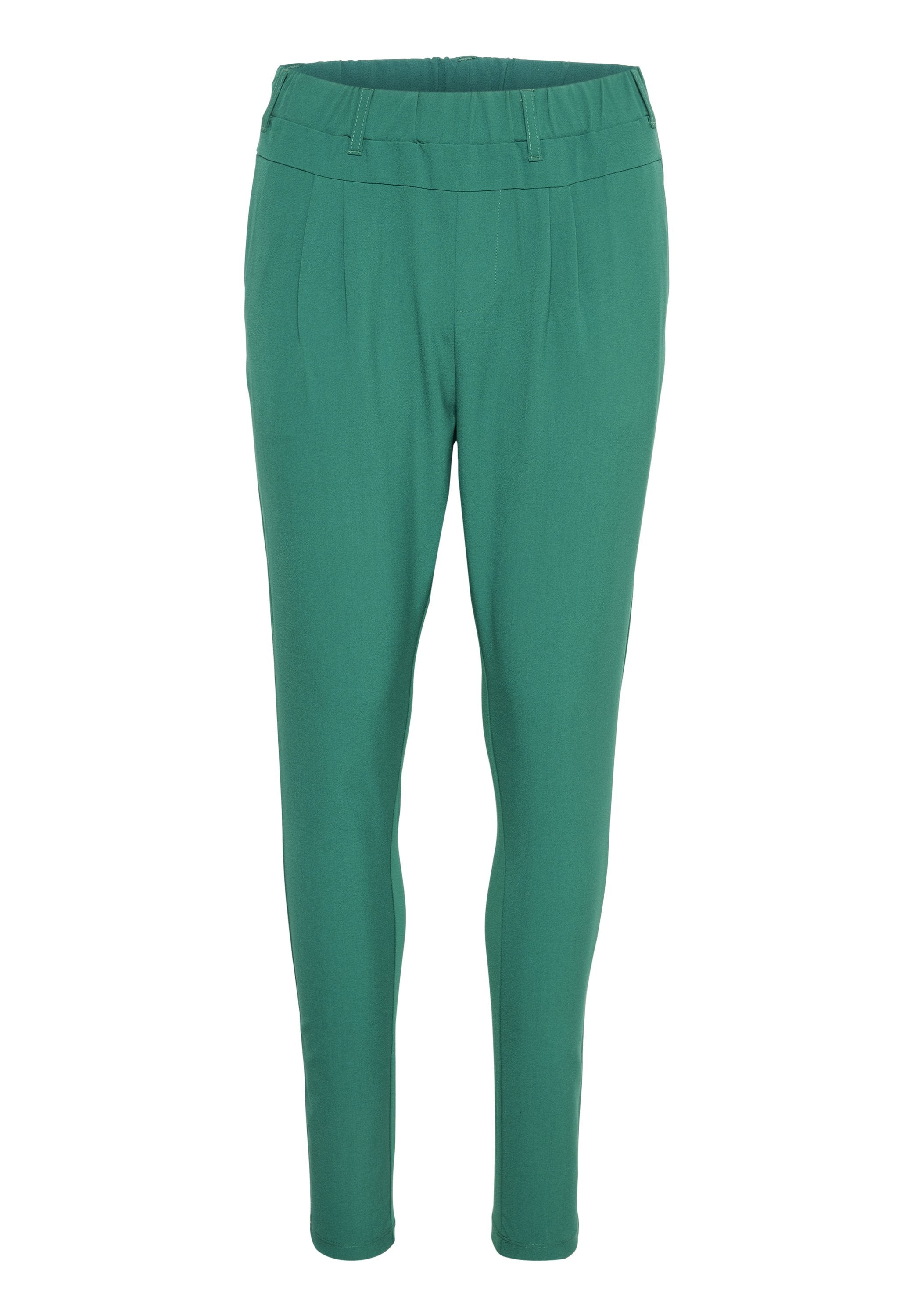 Grüne, figurbetonte Hose mit glatter Textur, ausgestattet mit einem bequemen Bund und gefälteltem Vorderdesign. Keine sichtbaren Taschen.
