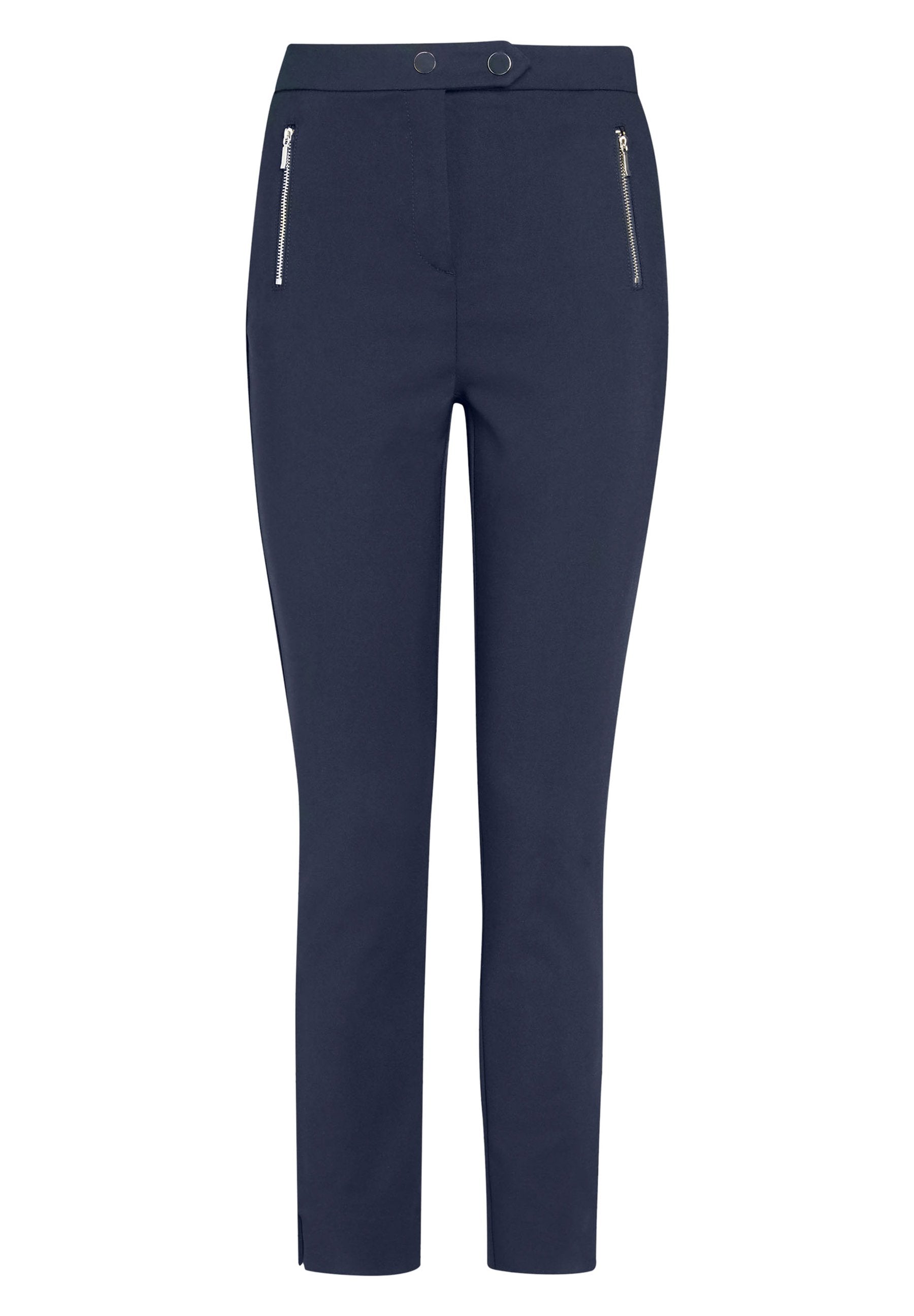 Navy-Hosen aus glattem Stoff, mit Reißverschlusstaschen vorne, einer taillierten Passform und dezenten Schlitzdetails am Saum.