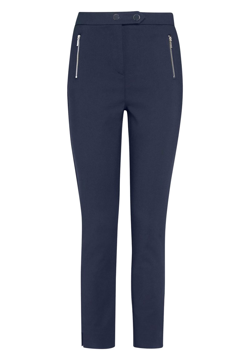 Navy-Hosen aus glattem Stoff, mit Reißverschlusstaschen vorne, einer taillierten Passform und dezenten Schlitzdetails am Saum.