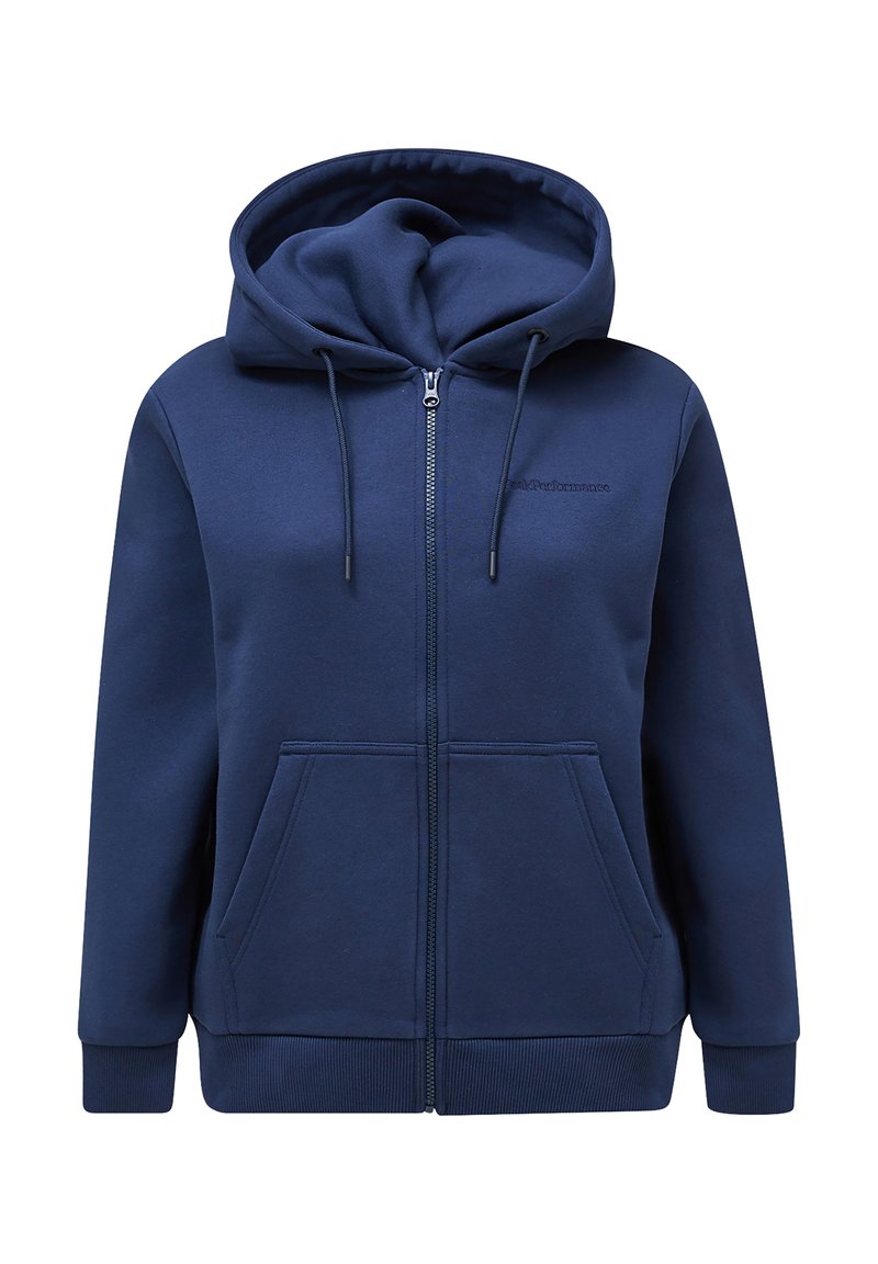 Marineblaue Zip-Up-Hoodie aus weichem Stoff, mit einer Kapuze mit Kordelzug, Fronttaschen und gerippten Bündchen und Saum.
