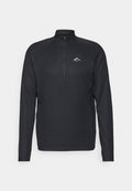 Schwarzer Pullover mit langen Ärmeln und einem halben Reißverschluss, aus strukturiertem Material und mit einem kleinen, weißen Logo auf der Brust.
