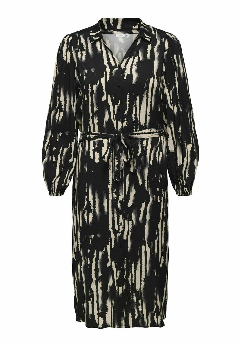 Schwarz-weiß gestuftes Kleid mit langen Ärmeln, einem Kragen, einem V-Ausschnitt, einer definierten Taille mit einem Bindegürtel und einer durchgehenden Knopfleiste.
