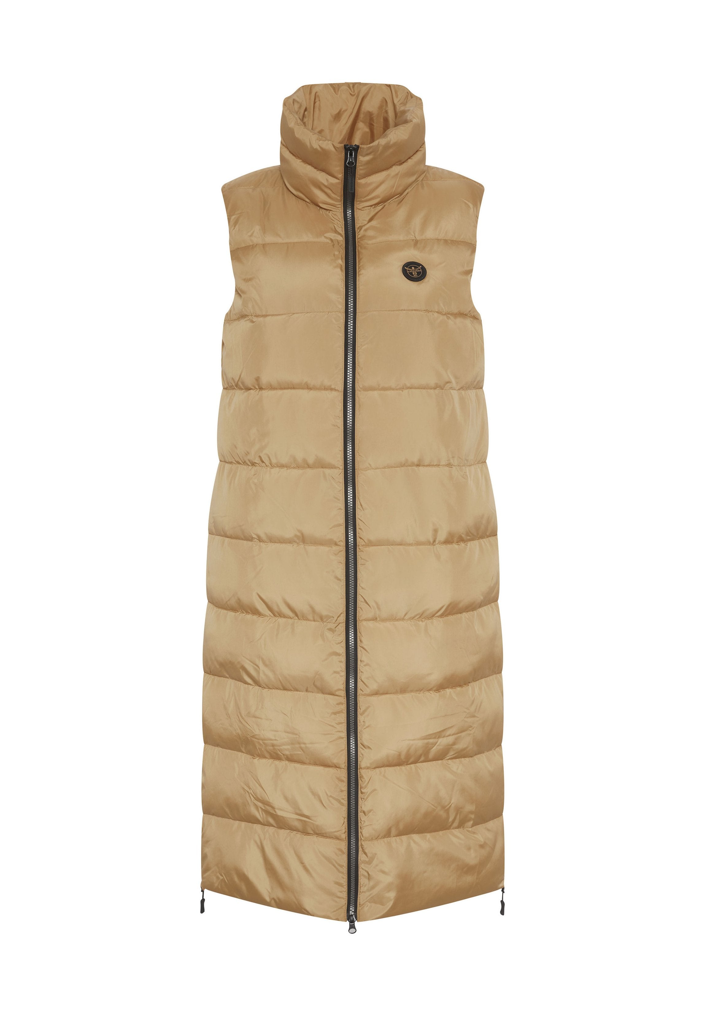 Beige gepolsterte ärmellose Weste mit hohem Kragen, Frontreißverschluss und Logo-Patch. Verfügt über horizontale Steppung und einen verstellbaren Saum.
