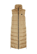 Beige gepolsterte ärmellose Weste mit hohem Kragen, Frontreißverschluss und Logo-Patch. Verfügt über horizontale Steppung und einen verstellbaren Saum.