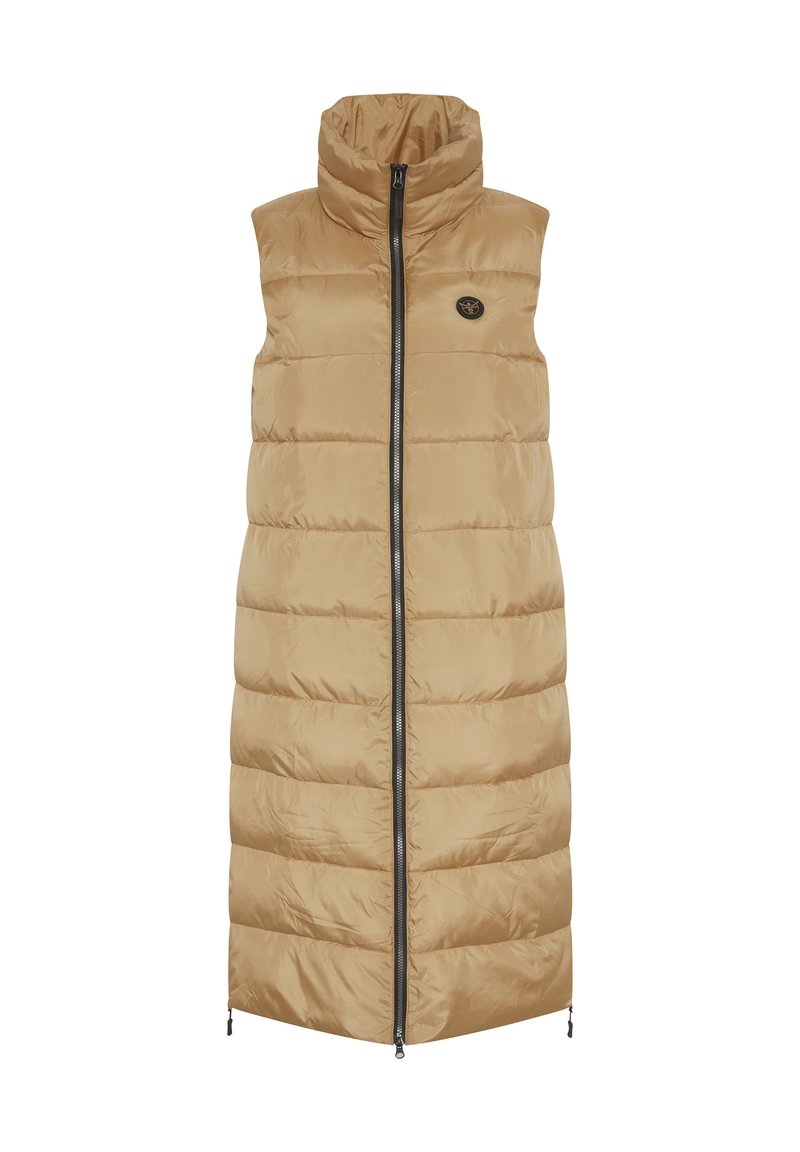 Beige gepolsterte ärmellose Weste mit hohem Kragen, Frontreißverschluss und Logo-Patch. Verfügt über horizontale Steppung und einen verstellbaren Saum.