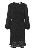 Schwarzes knielanges Kleid mit transparenten langen Ärmeln, elastischem Bund, dezent strukturiertem Tiermotiv und leicht ausgestelltem Saum.