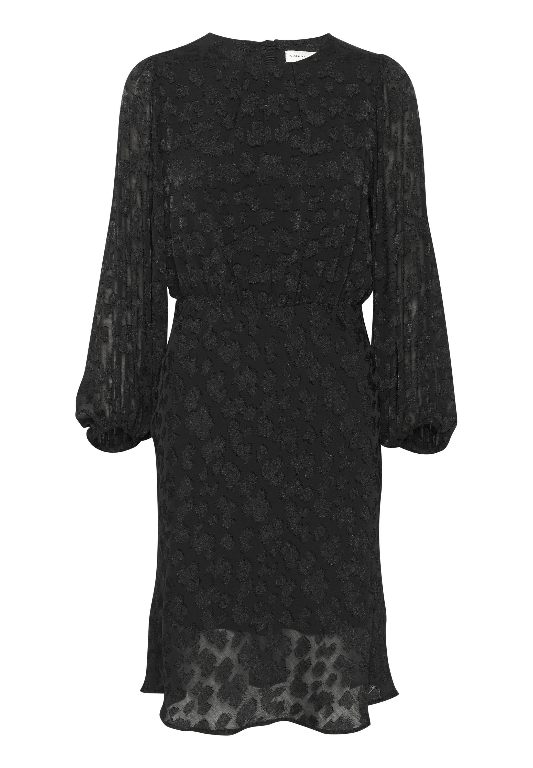 Schwarzes knielanges Kleid mit transparenten langen Ärmeln, elastischem Bund, dezent strukturiertem Tiermotiv und leicht ausgestelltem Saum.