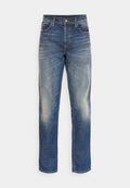 Jeans aus Denim in einer mittleren blauen Waschung, mit geradem Schnitt, ausgewaschenen Bereichen, Fünf-Taschen-Design und klassischem Knopfverschluss am Bund.