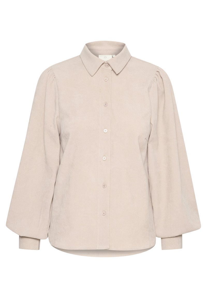 Beige Cord-Hemd mit Kragen, Knopfleiste und puffierten langen Ärmeln. Hat eine glatte Textur und einen abgerundeten Saum.