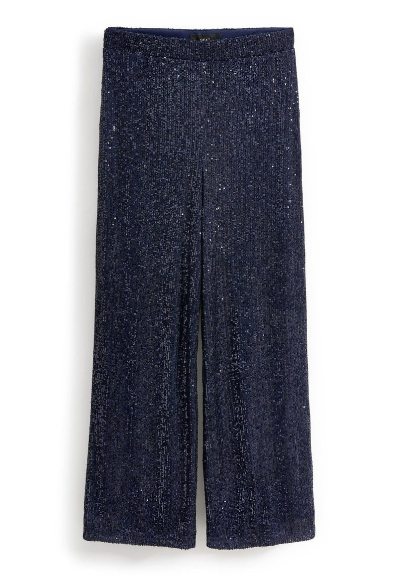 Marineblaue weit geschnittene Hose mit vertikalen Paillettenverzierungen und elastischem Bund, flach hängend vor einem weißen Hintergrund.