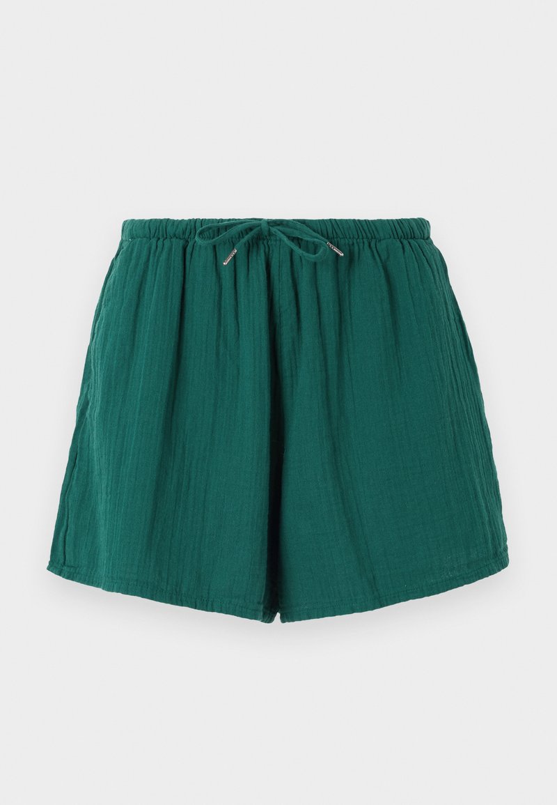 Grüne, leichte Shorts mit elastischem Bund und Kordelzug. Ausgestattet mit einem strukturierten Stoff mit weicher, zerknitterter Optik.