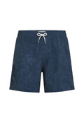 Marineblaue Badehose mit elastischem Bund und weißem Kordelzug, mit dezentem Muster und einem runden Logo am linken Bein.