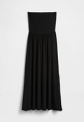 Schwarzes trägerloses Maxikleid mit dehnbarem Oberteil, gerafftem Rock, glatter Textur und fließender Silhouette mit Seitenschlitzen.