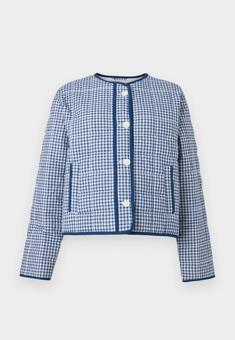 Blau-weiß kariert gesteppte Jacke mit rundem Ausschnitt, Knöpfen vorne, zwei Taschen und marineblauem Besatz entlang der Kanten.