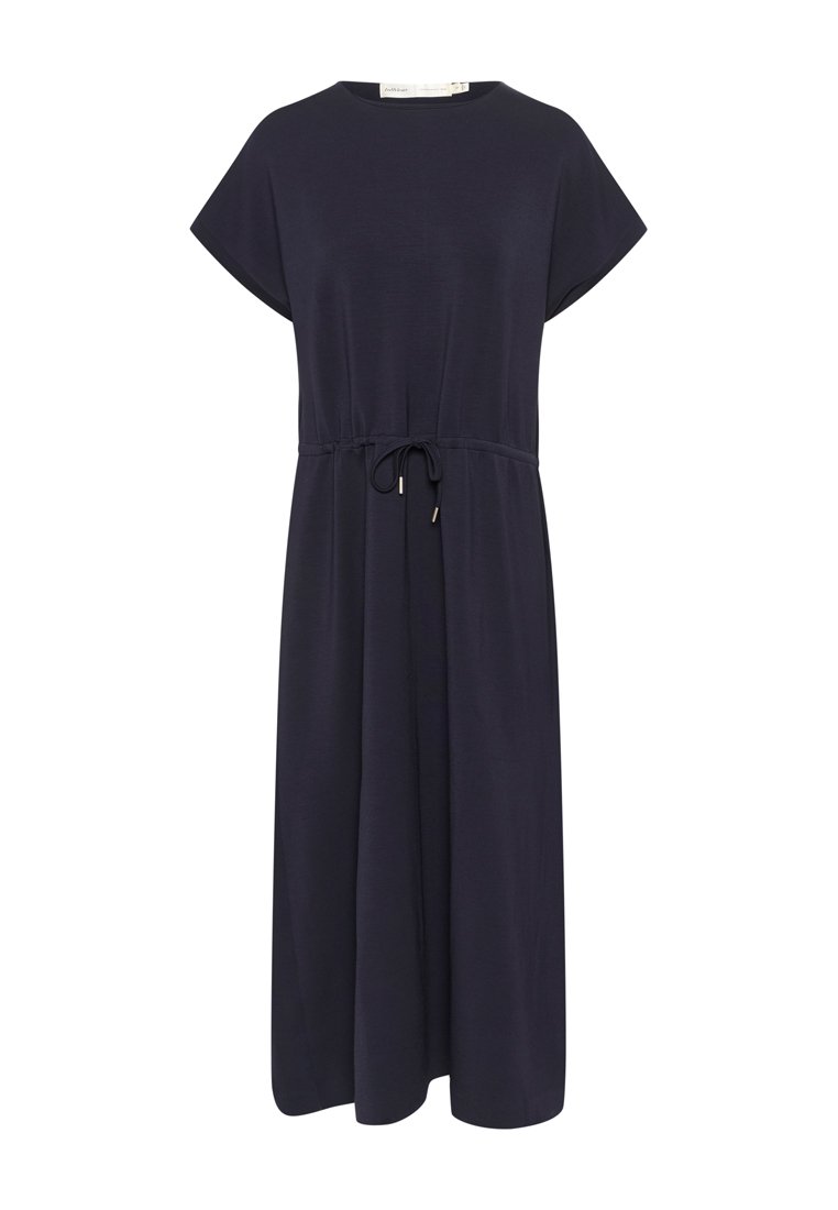 Navyblaues Kleid aus weichem Stoff, mit rundem Ausschnitt, kurzen Ärmeln und einer taillierten Taille mit Kordelzug. Fließende Silhouette.