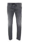 Graue Jeanshosen mit elastischem Bund, verstellbarem Kordelzug und Seitentaschen. Weiche Textur mit leicht verwaschenem Finish.