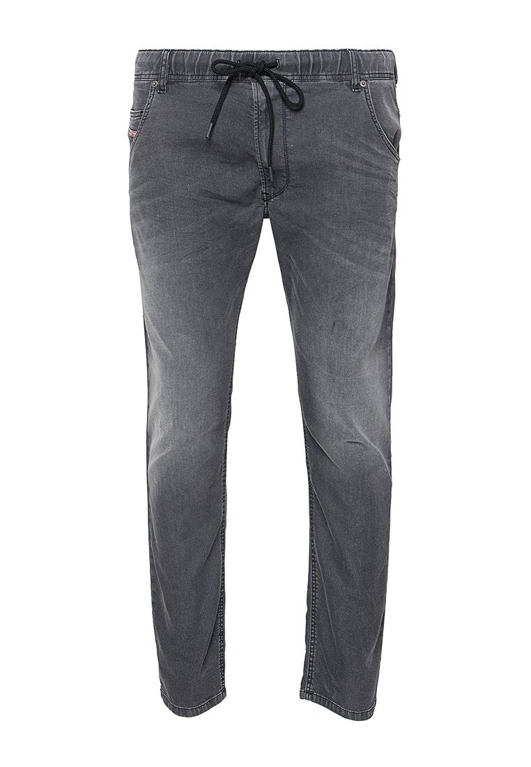 Graue Jeanshosen mit elastischem Bund, verstellbarem Kordelzug und Seitentaschen. Weiche Textur mit leicht verwaschenem Finish.