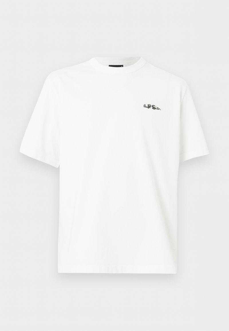 Weißes T-Shirt mit kurzen Ärmeln, rundem Hals und kleinem schwarzen, gesticktem Logo "Paul Smith" auf der linken Brust vor einfarbigem Hintergrund.