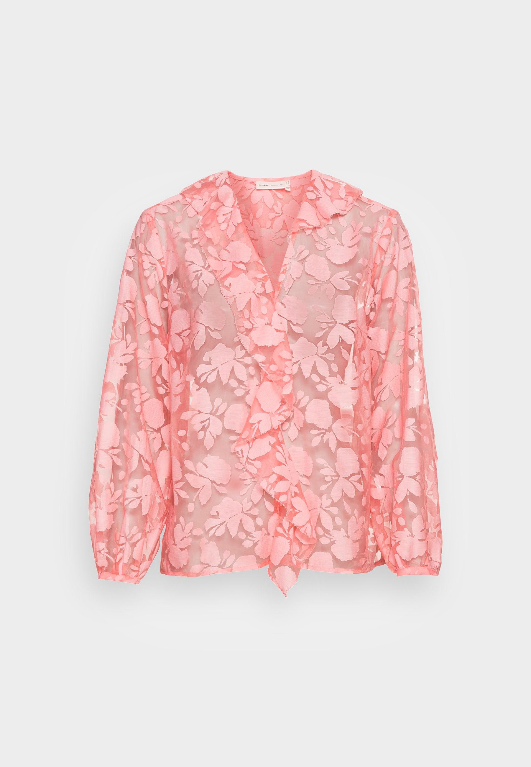 Transparente rosa Bluse mit floralem Spitzenmuster, Rüschenausschnitt und langen Puffärmeln. Leichter Stoff, lockere Passform.