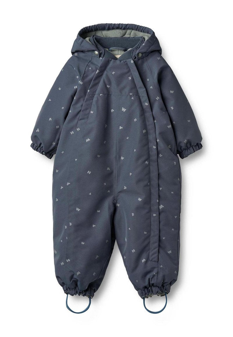 Dunkelblauer Schneeanzug für Kleinkinder mit Kapuze, elastischen Bündchen und Seitentaschen, ausgestattet mit einem kleinen Musterprint und einem weichen Innenfutter.