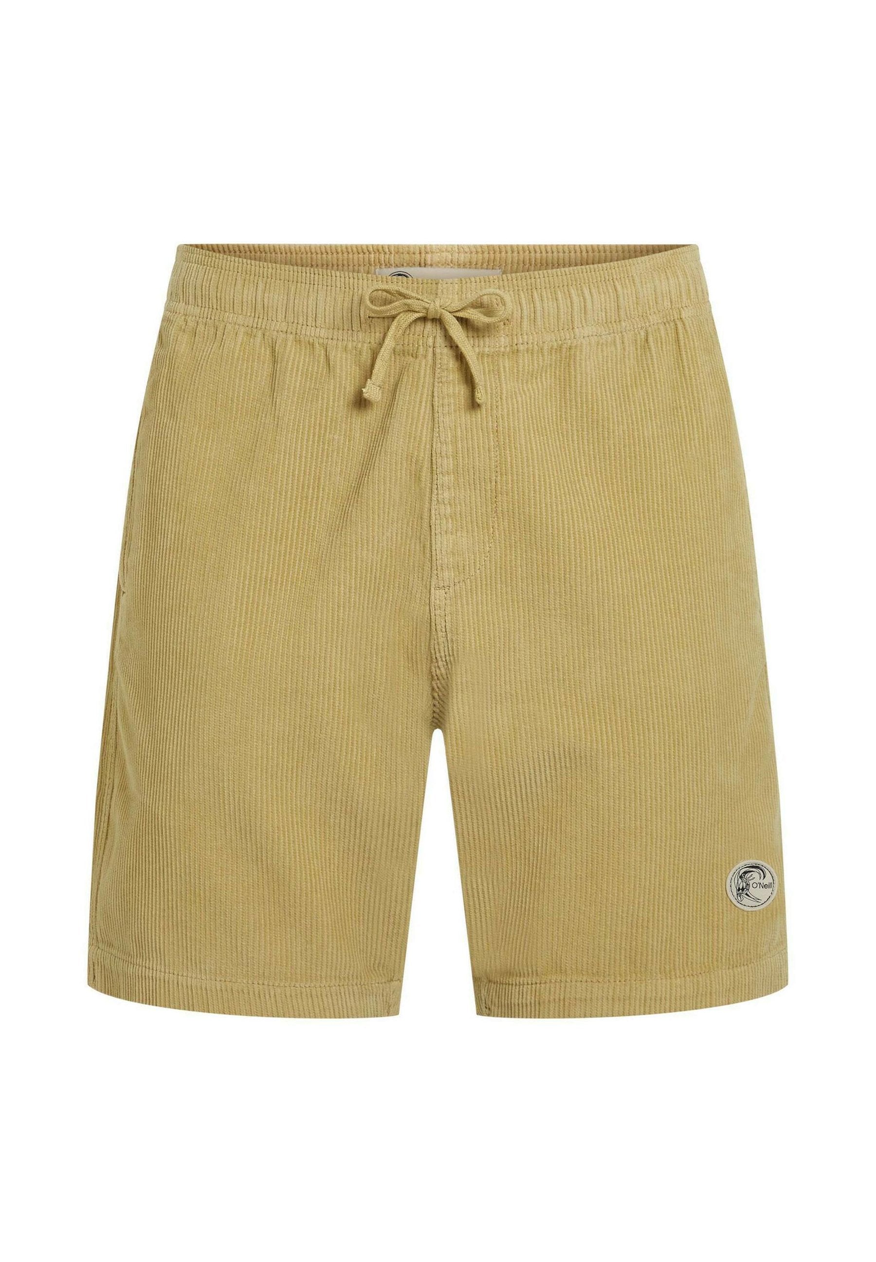 Cordhosen-Shorts in Hellgelb mit elastischem Bund und Kordelzug. Versehen mit einem aufgenähten Logo unten rechts und einer gerippten Textur.