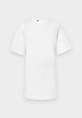 Weißes Baumwoll-T-Shirt mit kurzen Ärmeln, Rundhalsausschnitt und geradem Saum. Glatte Textur ohne sichtbare Muster oder Akzente.