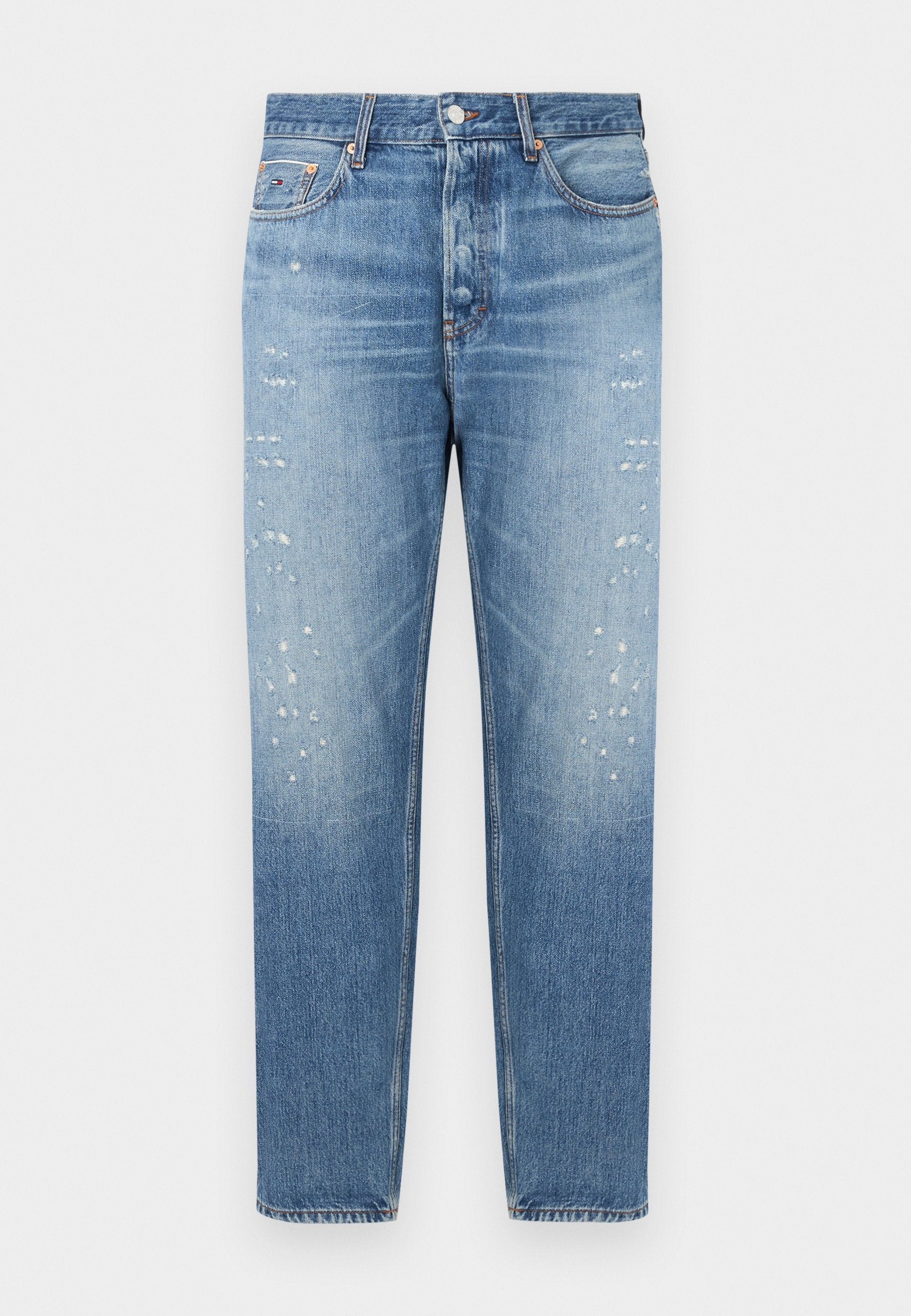 Hellblaue Jeans aus Denim mit geradem Schnitt, mit abgenutzten Stellen auf der Vorderseite und Knopfleiste. Klassisches Fünf-Taschen-Design.