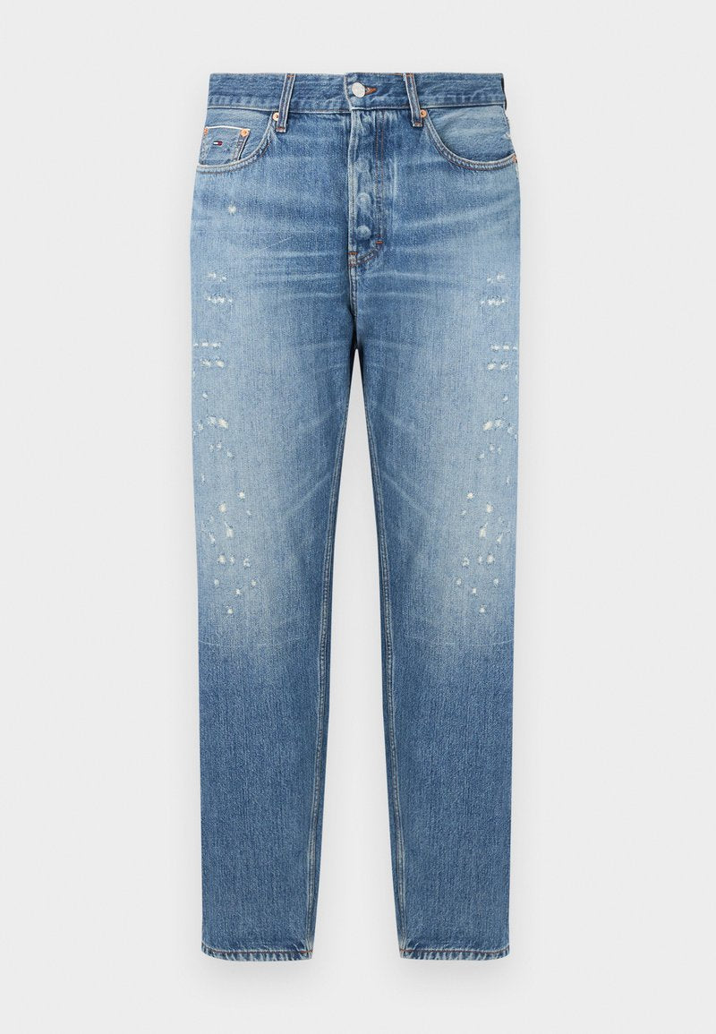 Hellblaue Jeans aus Denim mit geradem Schnitt, mit abgenutzten Stellen auf der Vorderseite und Knopfleiste. Klassisches Fünf-Taschen-Design.