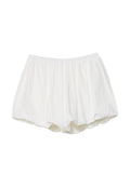Weiße Baumwollshorts mit elastischem Bund, die ein leichtes, luftiges Design und ein zartes Lochmuster aufweisen.