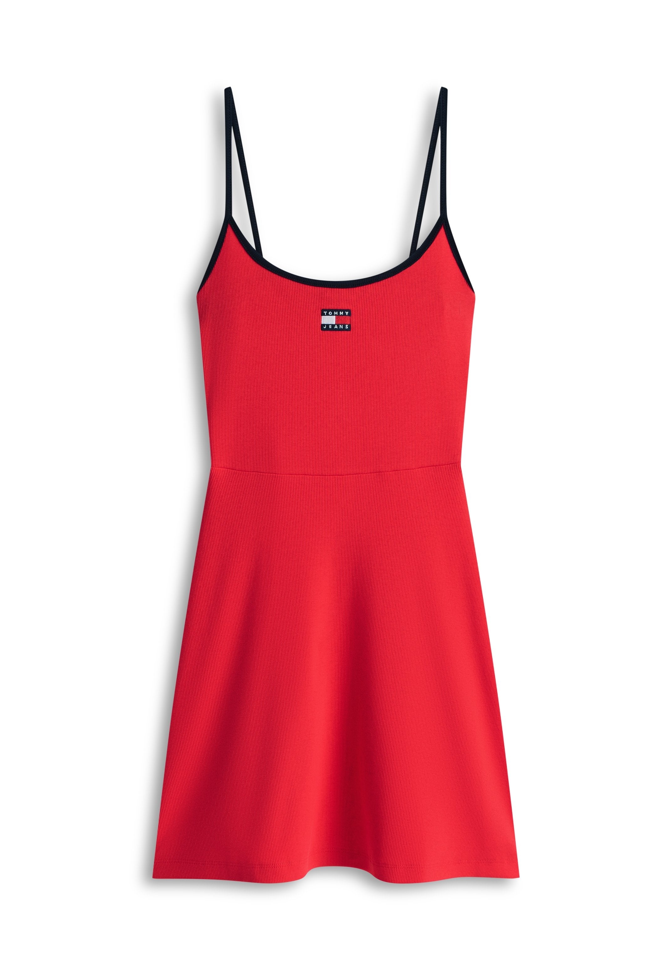 Rotes ärmelloses Kleid mit schwarzer Borte, dünnen Schultergurten und einem kleinen rechteckigen Logo in der Mitte der Brust.