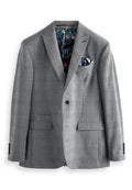Grau kariertes Blazer mit zwei Knöpfen, Klappentaschen und einem floral gemusterten Innenfutter. Mit schwarzen Knopf-Akzenten.