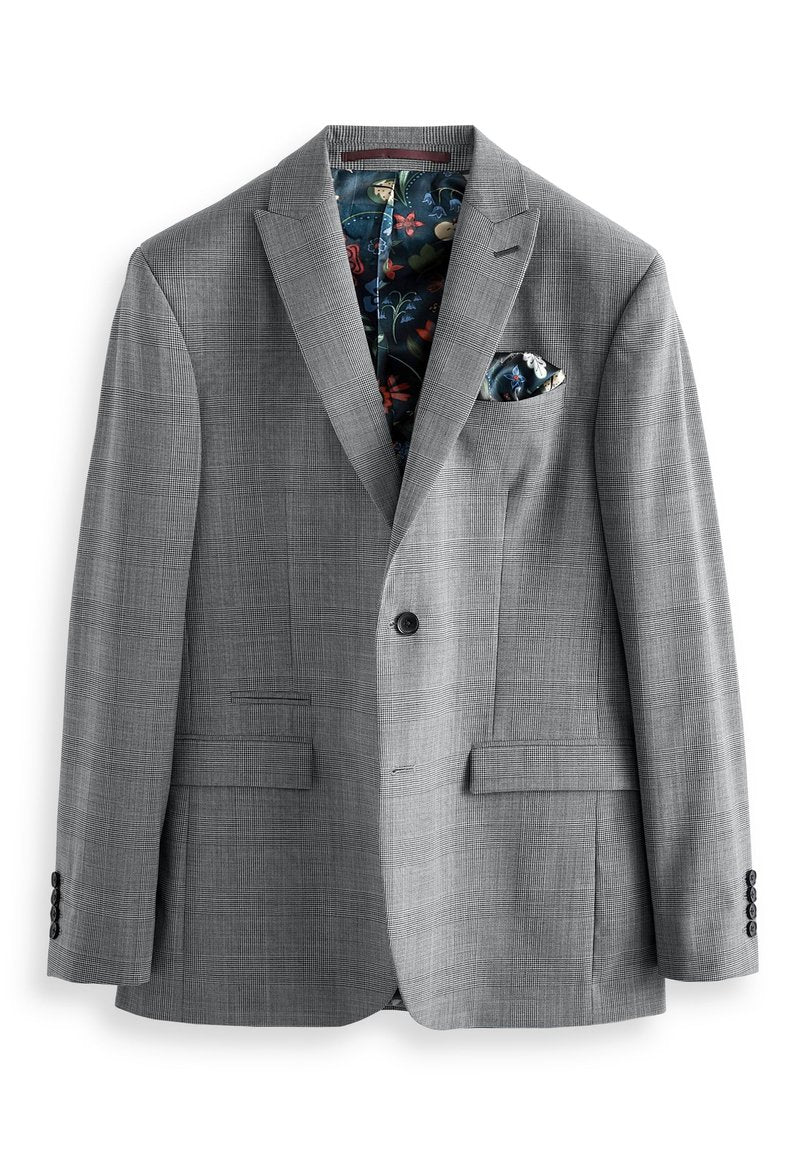 Grau kariertes Blazer mit zwei Knöpfen, Klappentaschen und einem floral gemusterten Innenfutter. Mit schwarzen Knopf-Akzenten.