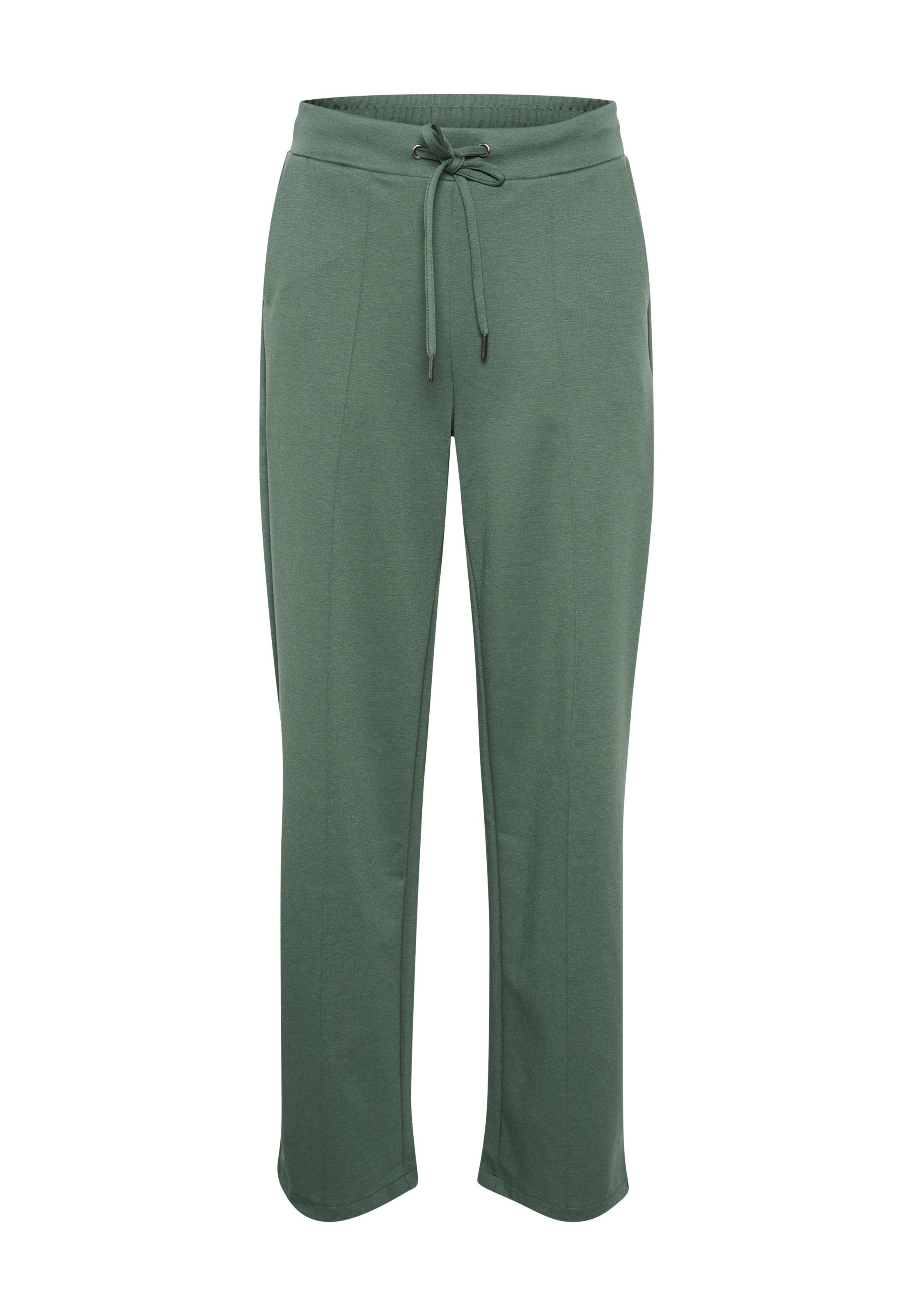 Grüne, lässig geschnittene Hose aus weichem Material, mit einem Bündchen zum Aufziehen und Seitennähten. Glatte Textur, gerade Beine.