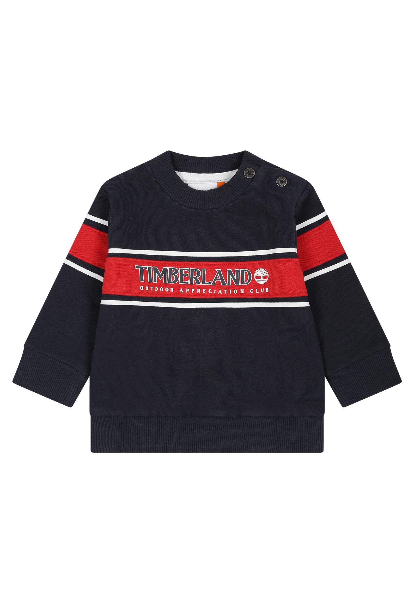 Navy-Kindert-Shirt mit roten und weißen Streifen, Timberland-Logo und zwei schwarzen Druckknöpfen an der linken Schulter.