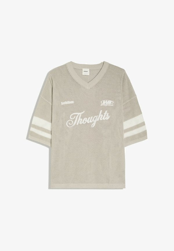 Bershka EMBROIDERED MESH V-NECK - T-SHIRT - Print T-shirt - grey