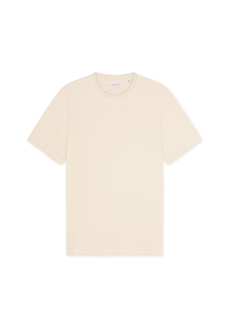 Baumwoll-T-Shirt in einem hellbeigen Farbton, mit rundem Ausschnitt und kurzen Ärmeln, das ein einfaches, minimalistisches Design ohne sichtbare Muster aufweist.