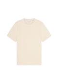Baumwoll-T-Shirt in einem hellbeigen Farbton, mit rundem Ausschnitt und kurzen Ärmeln, das ein einfaches, minimalistisches Design ohne sichtbare Muster aufweist.