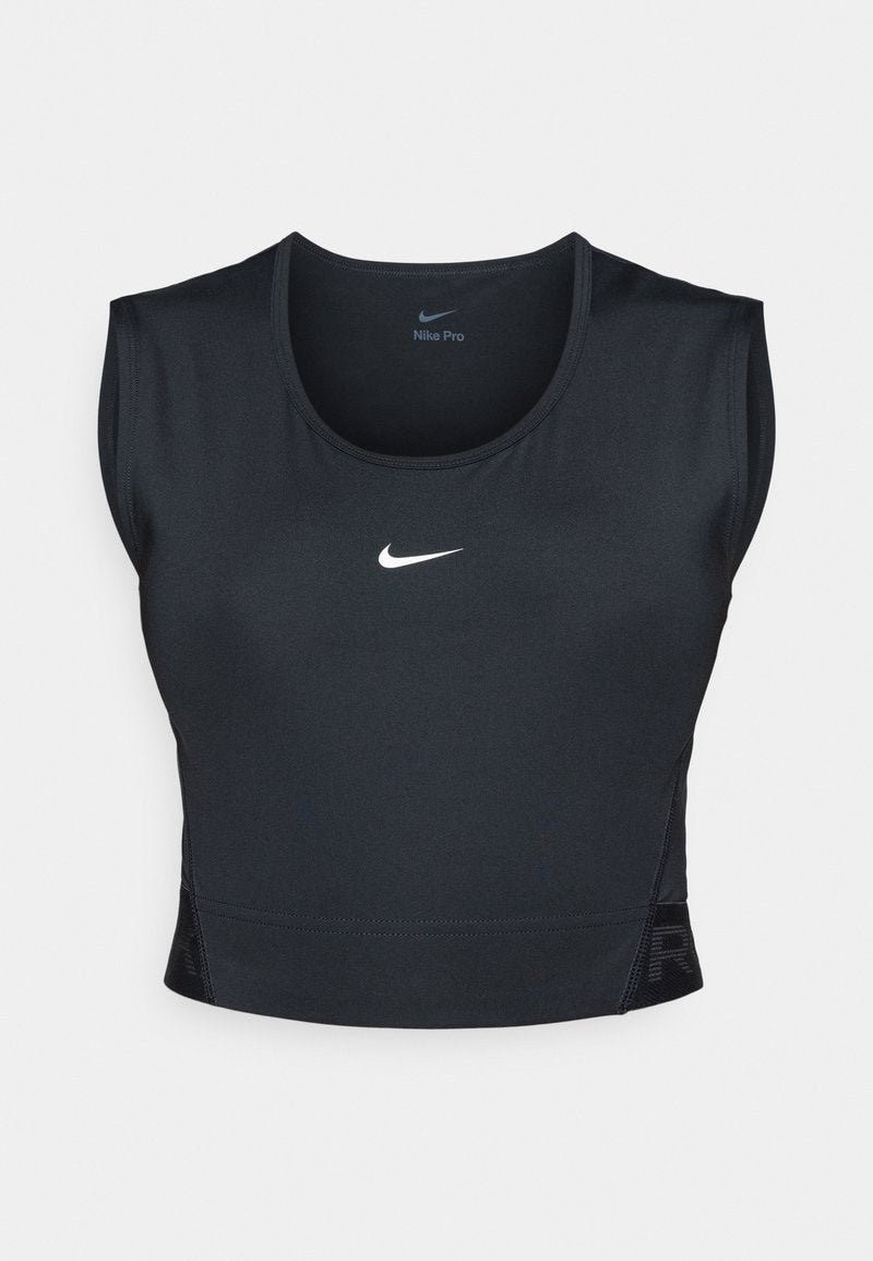 Nike Pro ärmelloses Crop-Top, schwarzer Stoff, enganliegendes Design, runder Ausschnitt, mit weißem Logo auf der Brust, strukturiertes Panel an den Seiten.