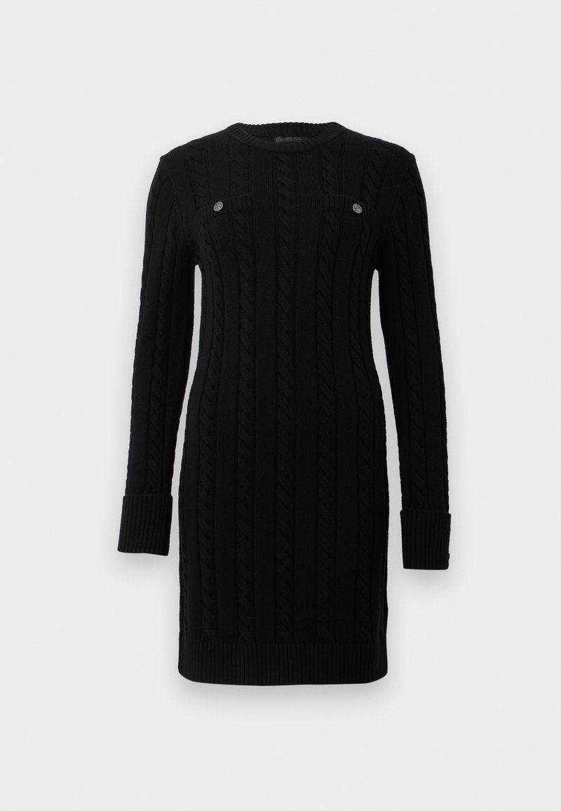 Schwarzes Strickkleid mit langen Ärmeln, ausgestattet mit einem Kabelmuster, gerippten Bündchen und zwei dekorativen Knöpfen auf der Vorderseite.