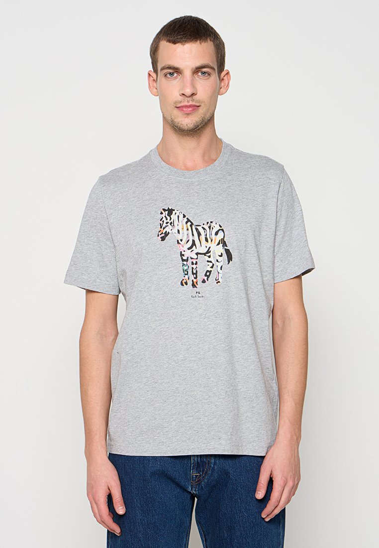 Graues T-Shirt mit kurzen Ärmeln und einem bunten Zebra-Motiv auf der Vorderseite. Hergestellt aus einer weichen Baumwollmischung, mit regulärer Passform und Rundhalsausschnitt.