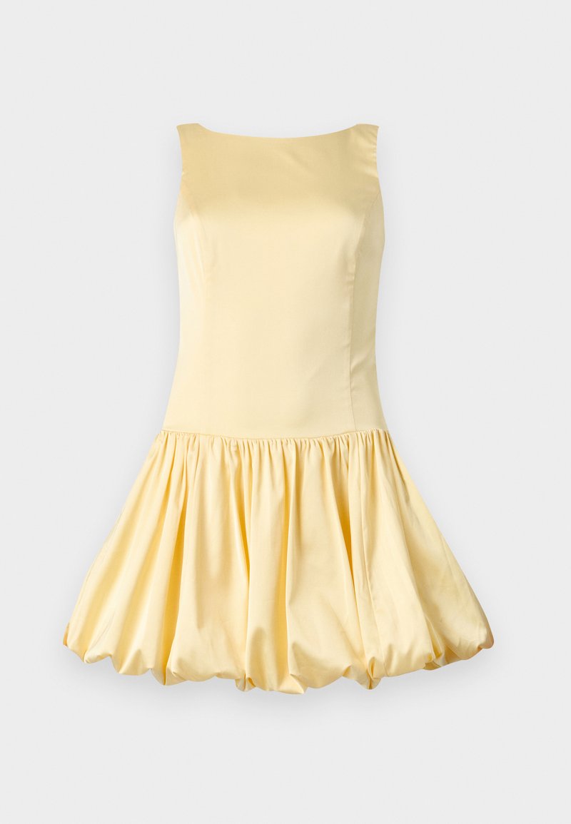 Ärmelloses gelbes Kleid aus glattem Stoff, mit einem taillierten Oberteil und einem schwingenden, gerafften Rock für eine ballonartige Form.