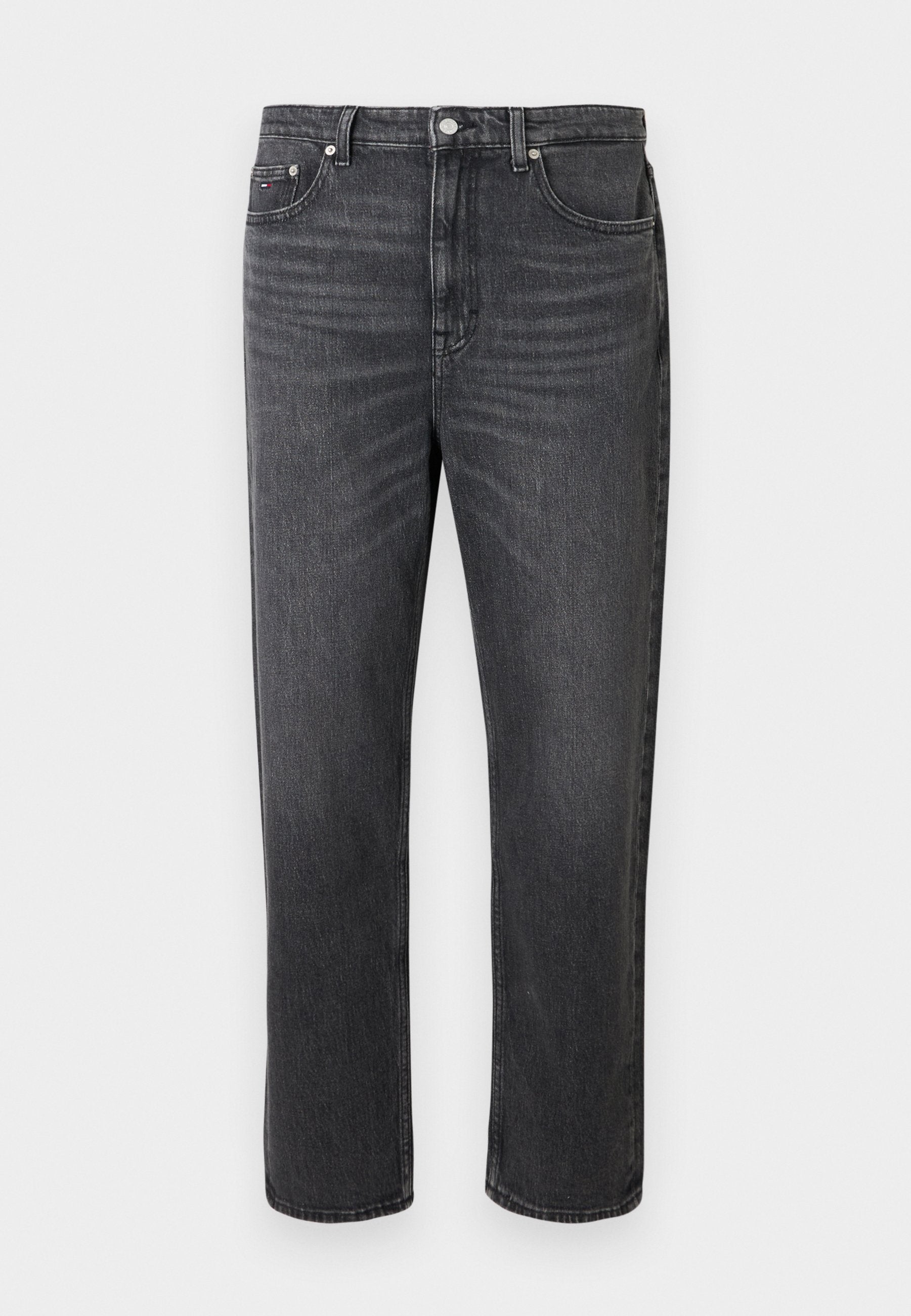 Dunkelgraue Jeans aus Denim mit geradem Beinverlauf, ausgestattet mit fünf Taschen, einem Metallknopfverschluss und dezenten Verwaschungen im Stoff.