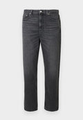 Dunkelgraue Jeans aus Denim mit geradem Beinverlauf, ausgestattet mit fünf Taschen, einem Metallknopfverschluss und dezenten Verwaschungen im Stoff.