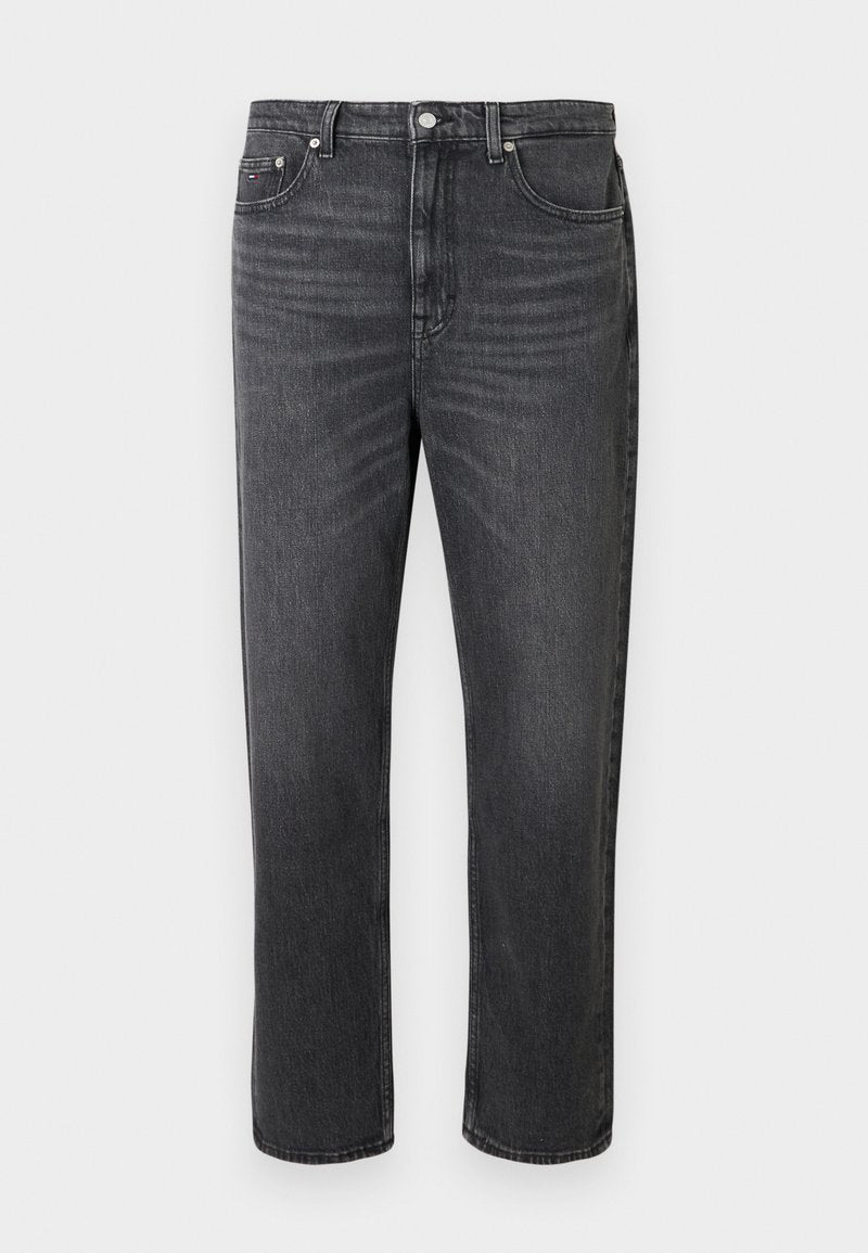 Dunkelgraue Jeans aus Denim mit geradem Beinverlauf, ausgestattet mit fünf Taschen, einem Metallknopfverschluss und dezenten Verwaschungen im Stoff.